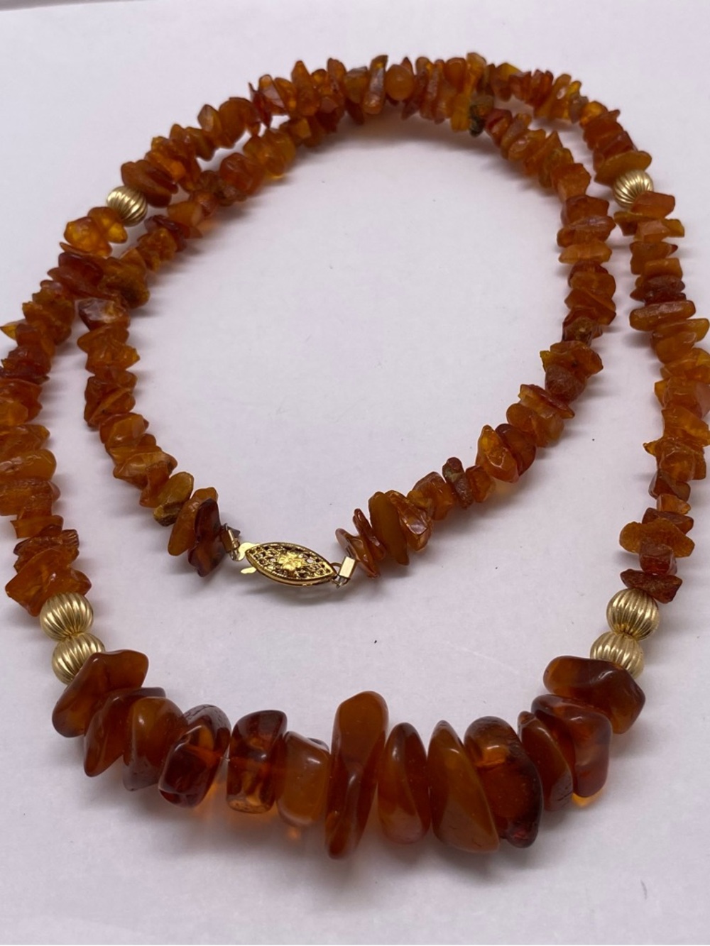 Vintage Amber Chip Necklace with Gold Accents - Rich Honey Brown